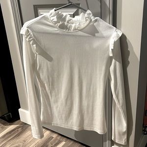 Amazon womens long sleeve, size M, shirt has ruffles on shoulder, color white